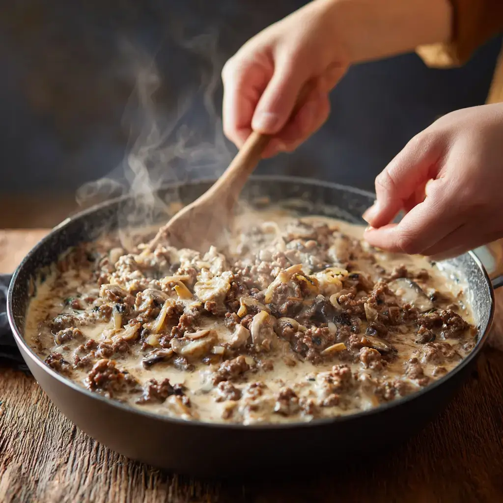 Stirring French onion dip and mushroom soup into cooked beef