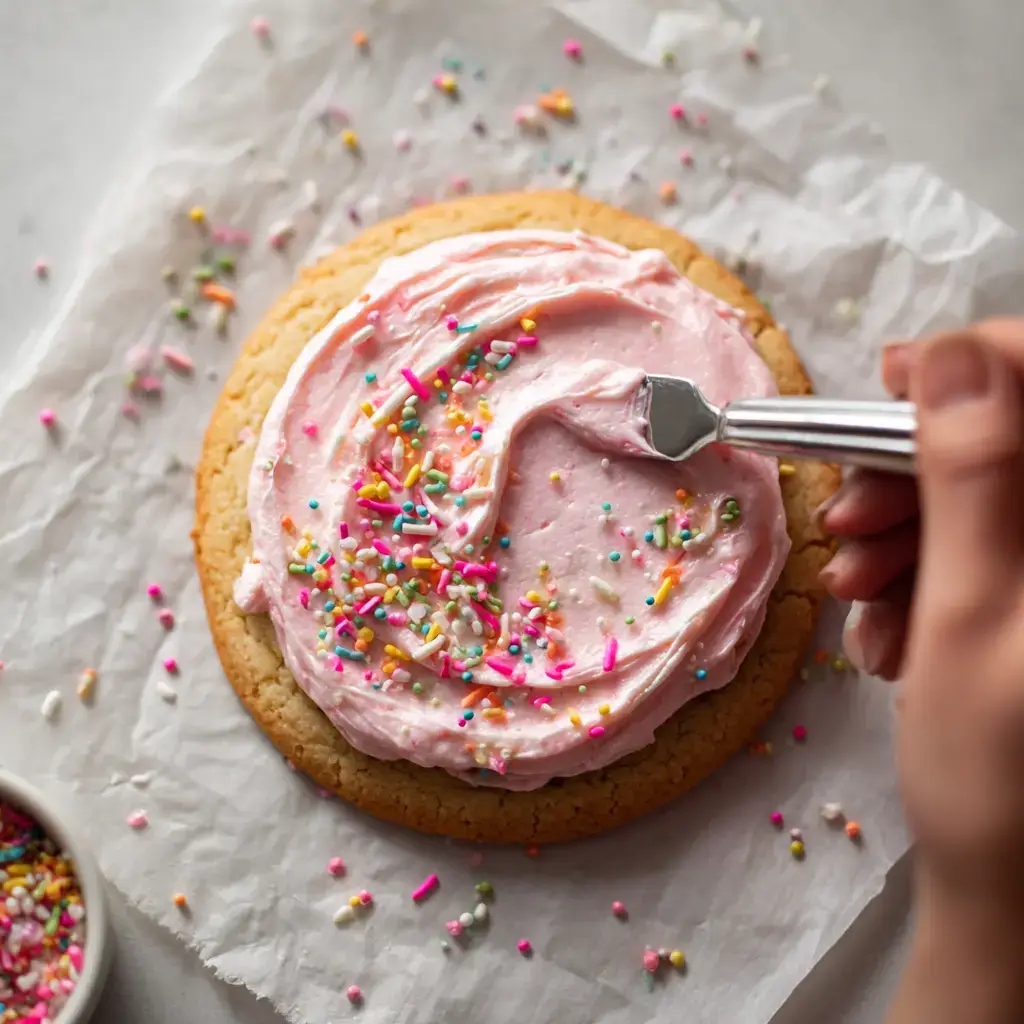 Hand frosting a birthday cake cookie with pink icing