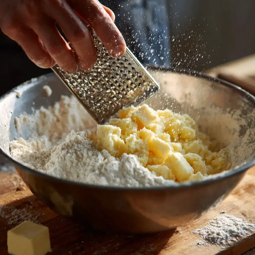 Grating cold butter into biscuit dough