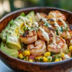 Grilled shrimp bowl with avocado corn salsa