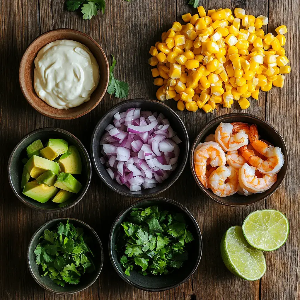 Ingredients for grilled shrimp bowl with avocado corn salsa