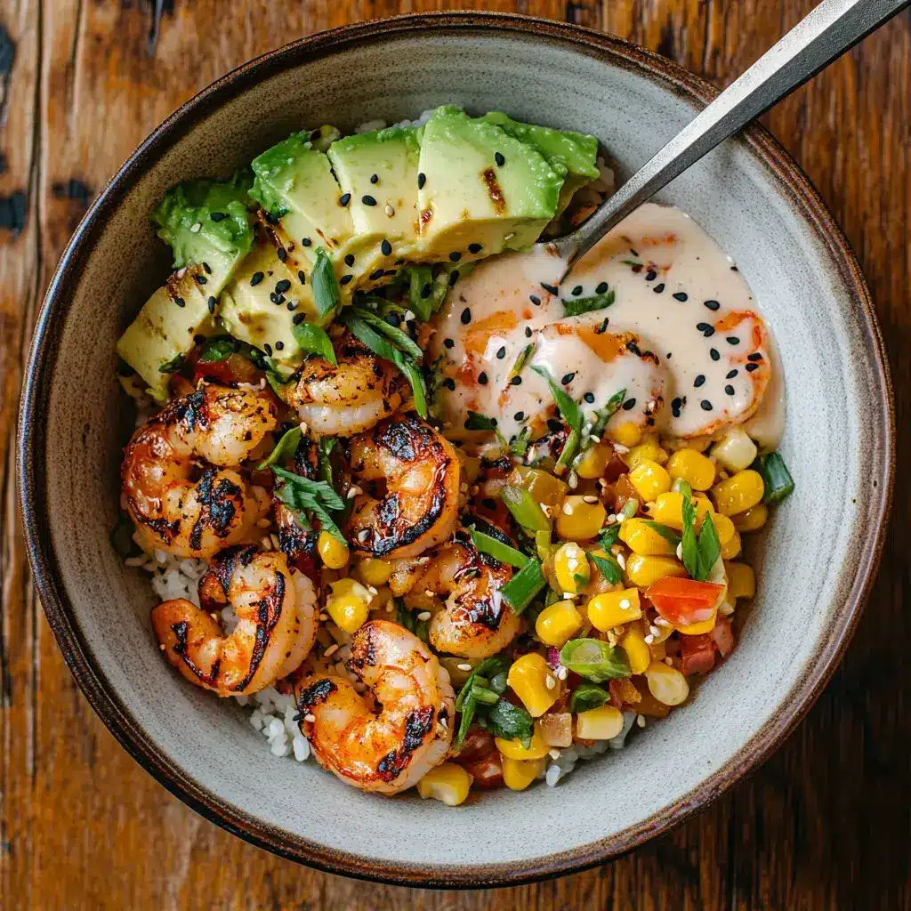 Served grilled shrimp bowl with avocado corn salsa and sauce