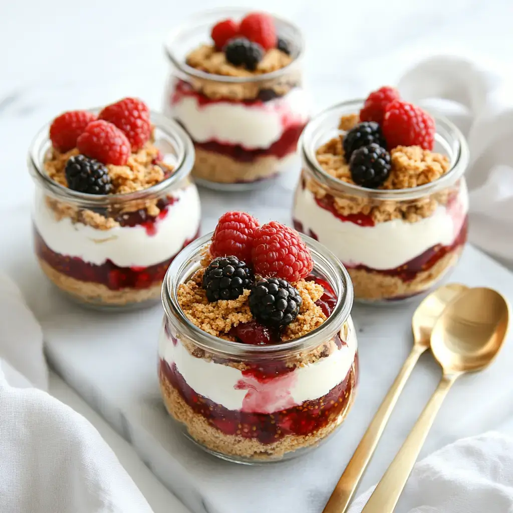 High protein cheesecake jars layered with graham crackers, yogurt, and berries in glass jars