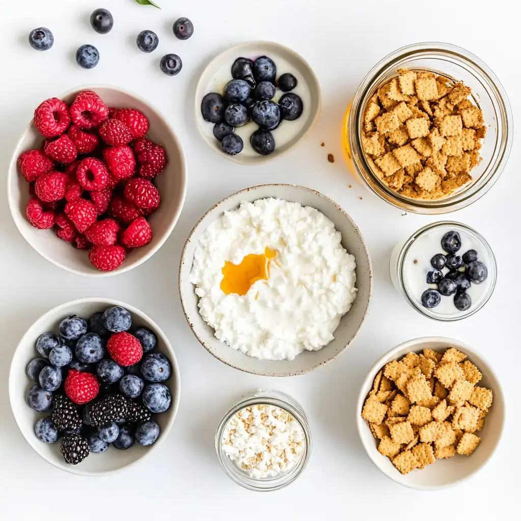 Ingredients for high protein cheesecake jars including Greek yogurt, cottage cheese, berries, maple syrup, and graham crackers