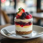 Served high protein cheesecake jar topped with berries on a dessert plate