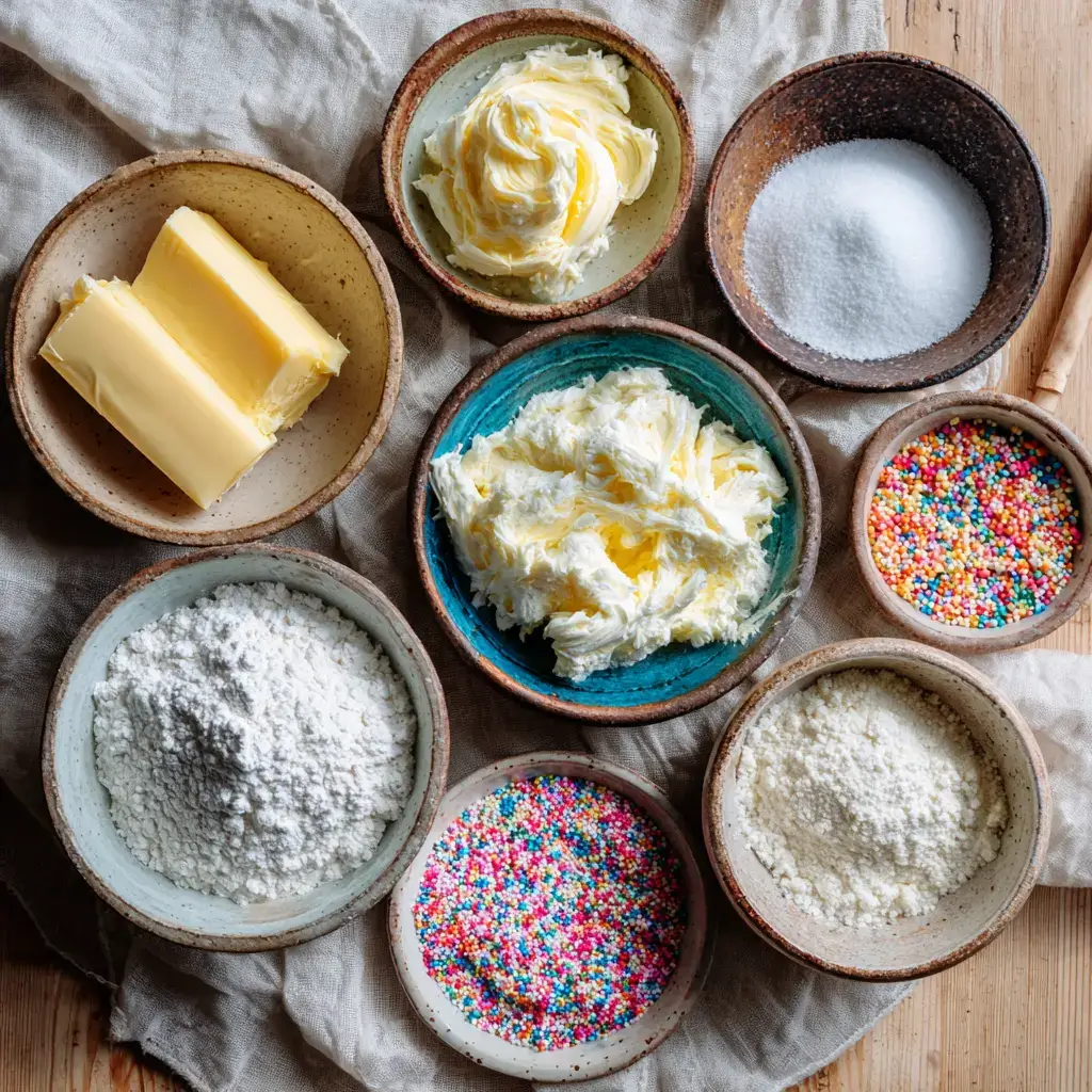 Ingredients for iced birthday cake cookies including sprinkles, butter, and cream cheese