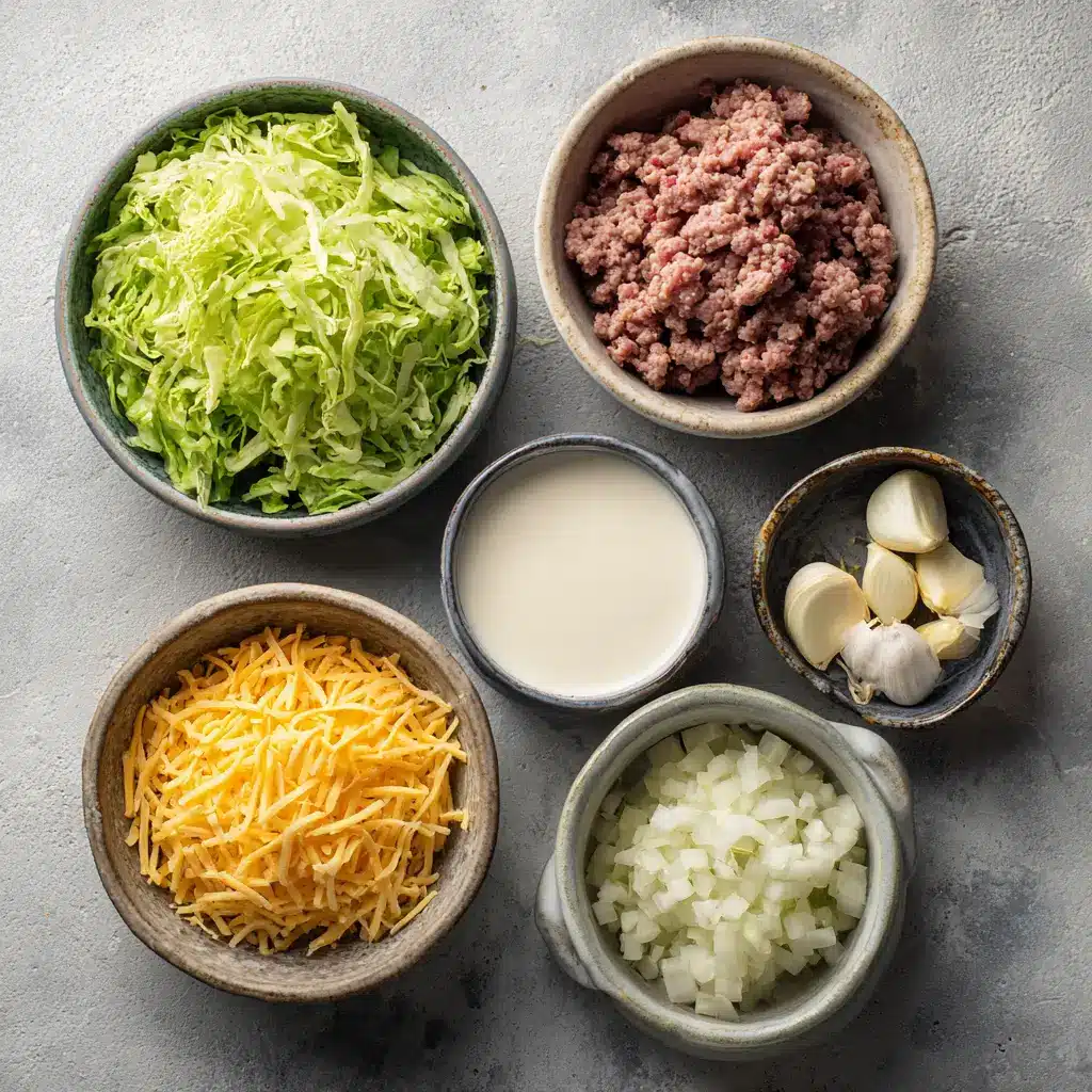 Ingredients for cabbage and ground beef casserole
