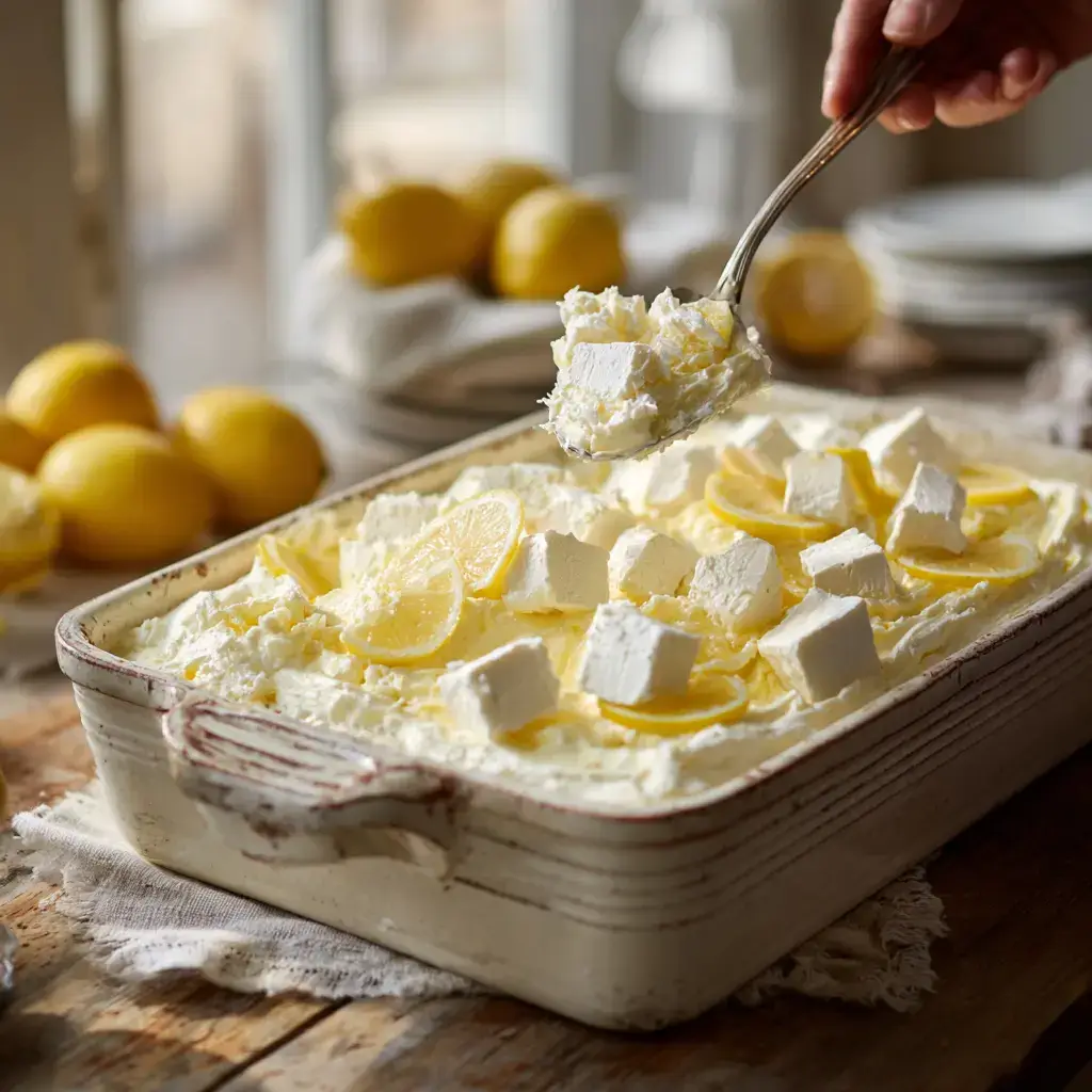 Layering lemon pie filling and cream cheese for lemon cream cheese dump cake