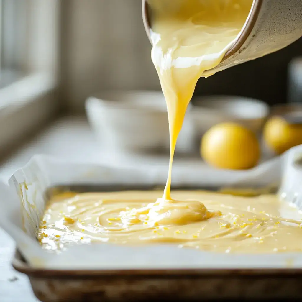 Pouring lemon poppy seed cake batter into a lined 9x13 pan