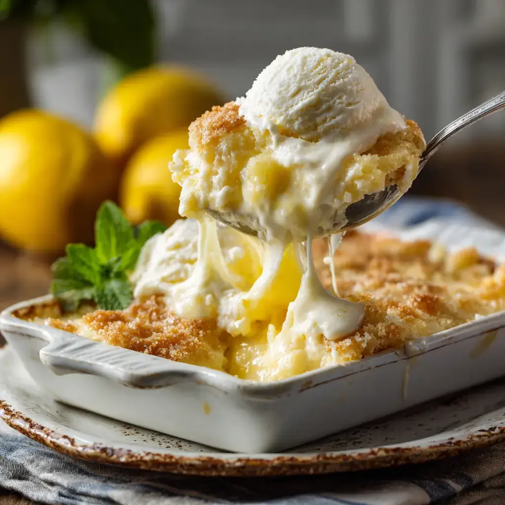 Spoonful of 4 ingredients lemon cream cheese dump cake with ice cream