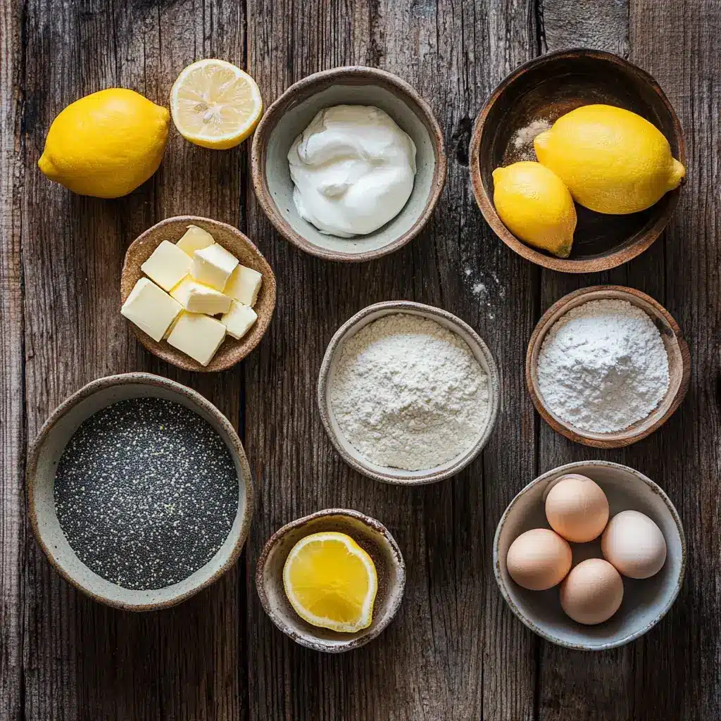 Lemon poppy seed sheet cake ingredients arranged in ceramic bowls