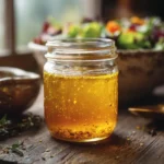 Close-up of finished lemon vinaigrette dressing in a glass jar