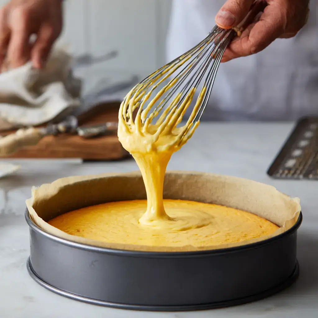 Pouring Limoncello Mascarpone Cake batter into pan