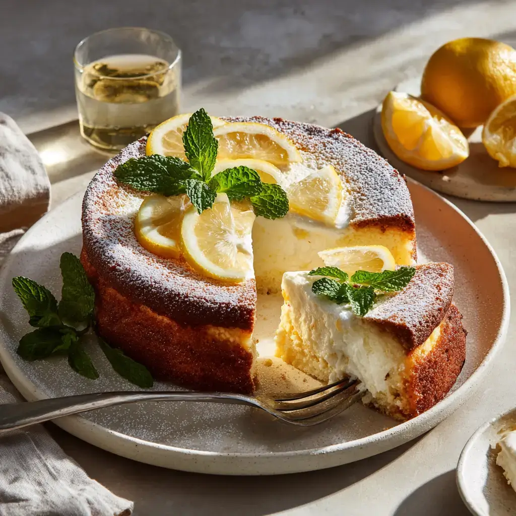 Serving Limoncello Mascarpone Cake with mint garnish