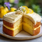 Limoncello Mascarpone Cake slice with lemon curd