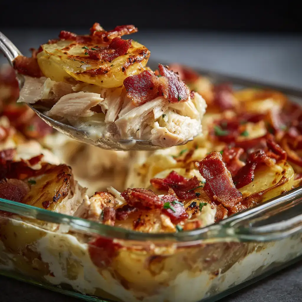 Assembling layers in Loaded Baked Potato & Chicken Casserole
