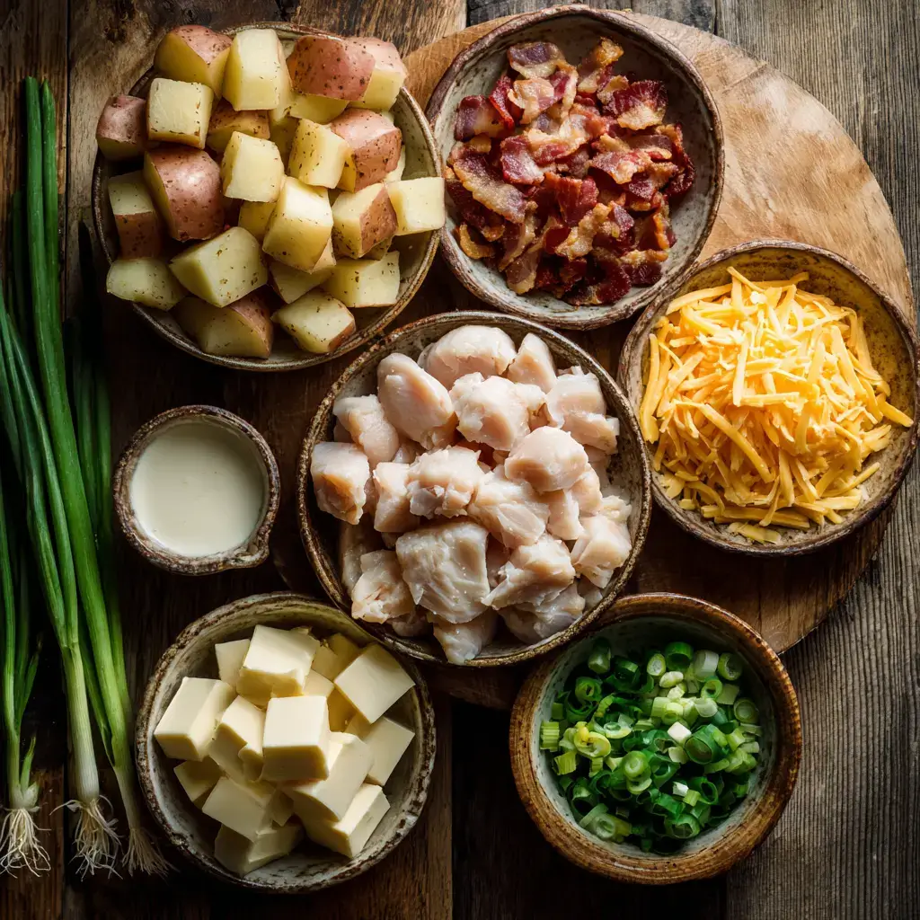 Ingredients for Loaded Baked Potato & Chicken Casserole arranged on rustic table