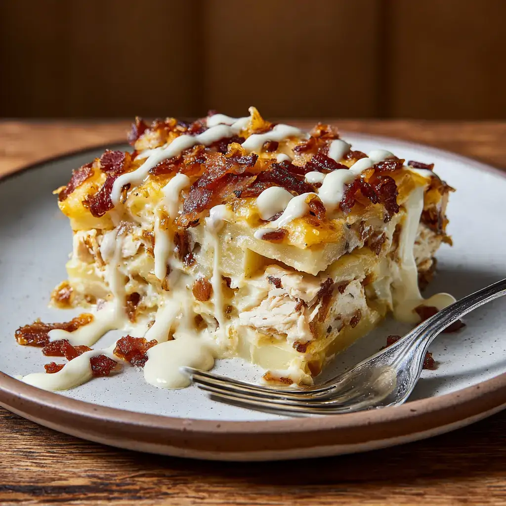 Loaded Baked Potato & Chicken Casserole slice served on ceramic plate