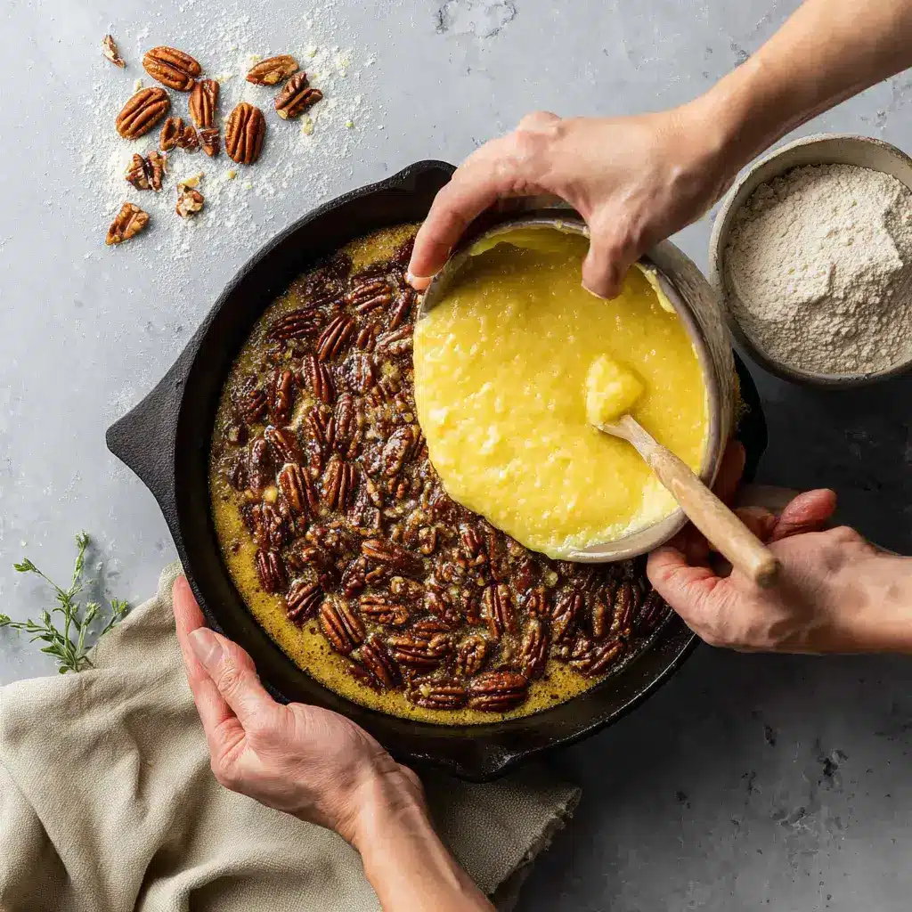 Pouring cake mix over pecan filling in skillet