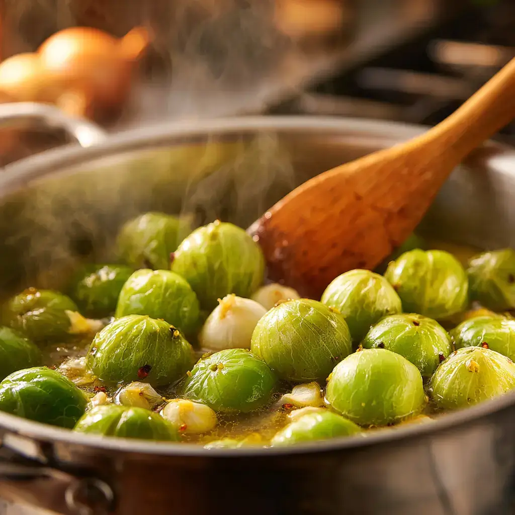 Close-up of tomatillos and chiles cooking in butter for enchilada sauce