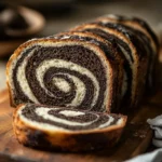 Marble rye bread loaf sliced to show swirl