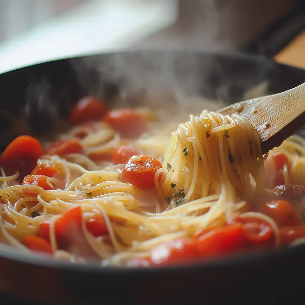 Cooking Meghan Markle spaghetti in skillet
