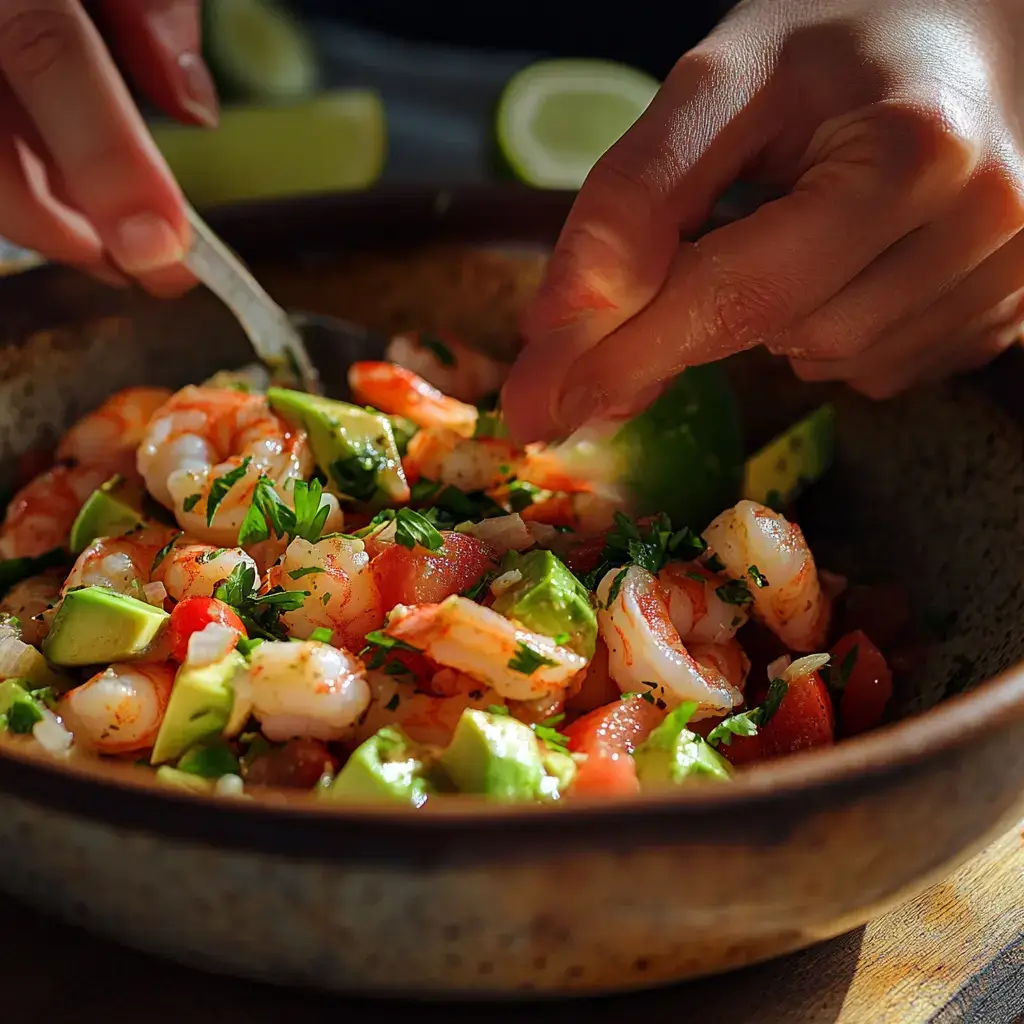 mixing zesty shrimp and avocado salad
