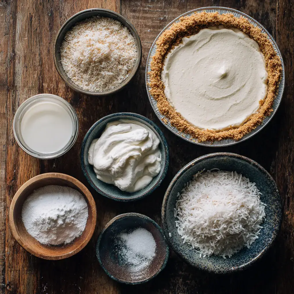 Ingredients for no bake coconut cream pie in bowls