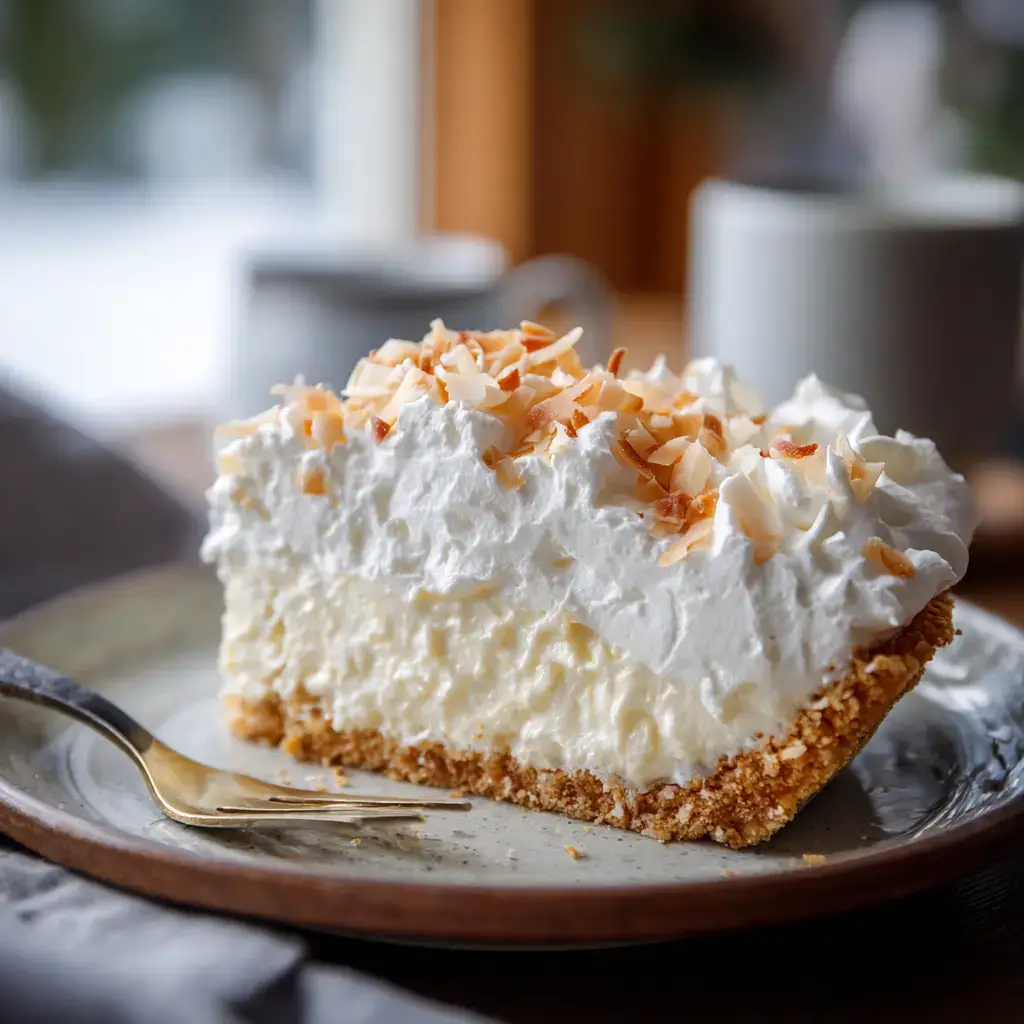 Served slice of no bake coconut cream pie with toasted coconut