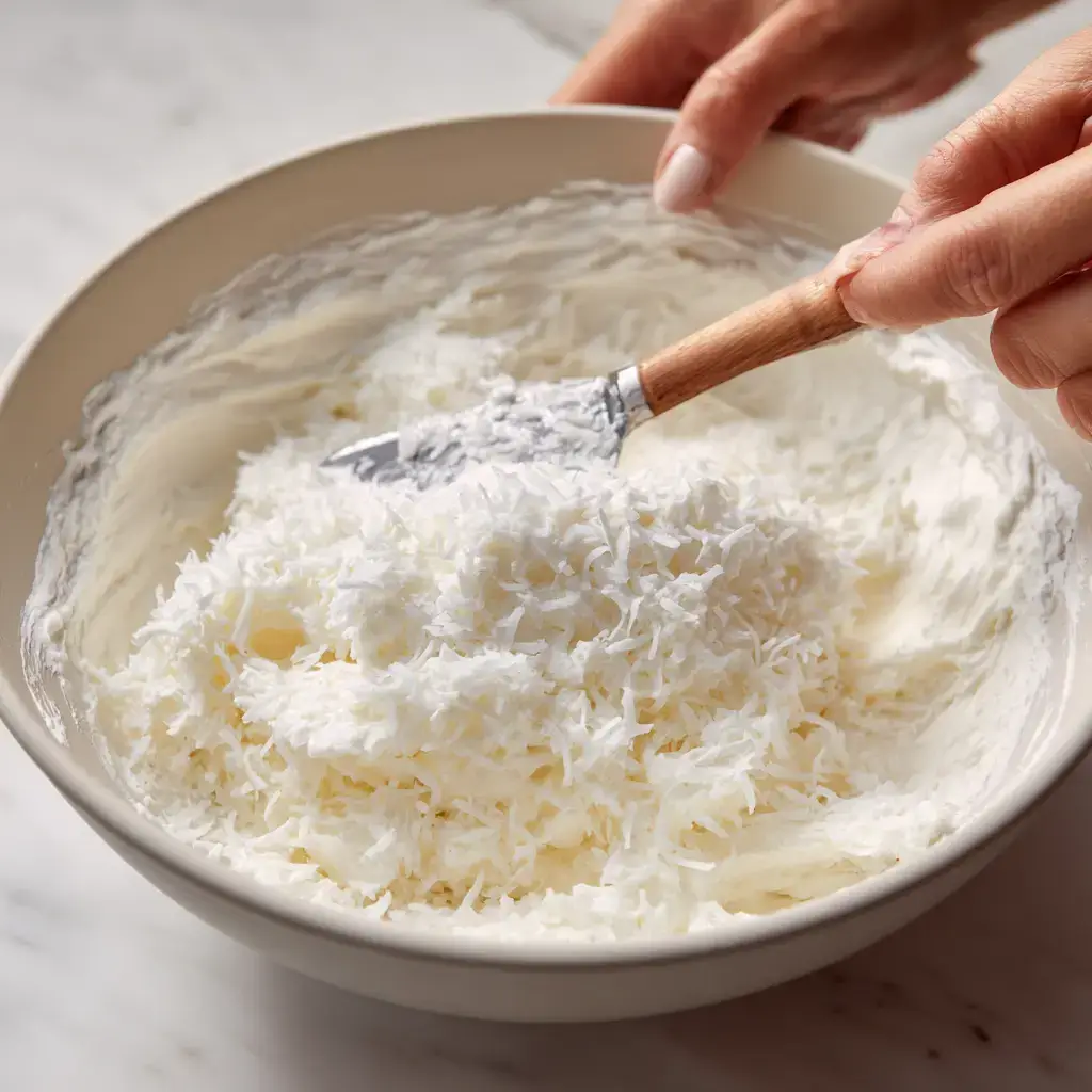 Folding coconut into pudding mix for no bake coconut cream pie
