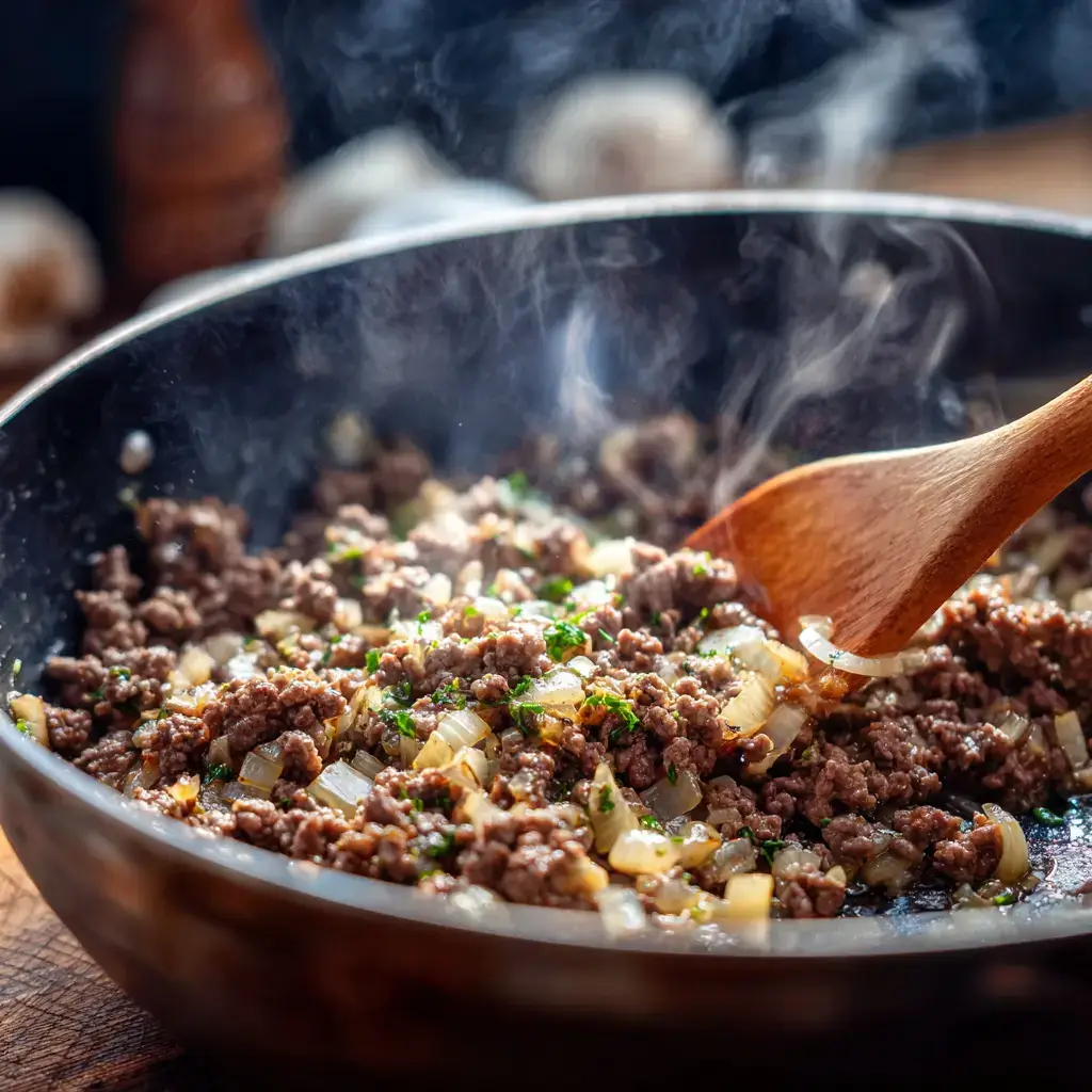 Cooking ground beef and onions for Old Fashioned Goulash