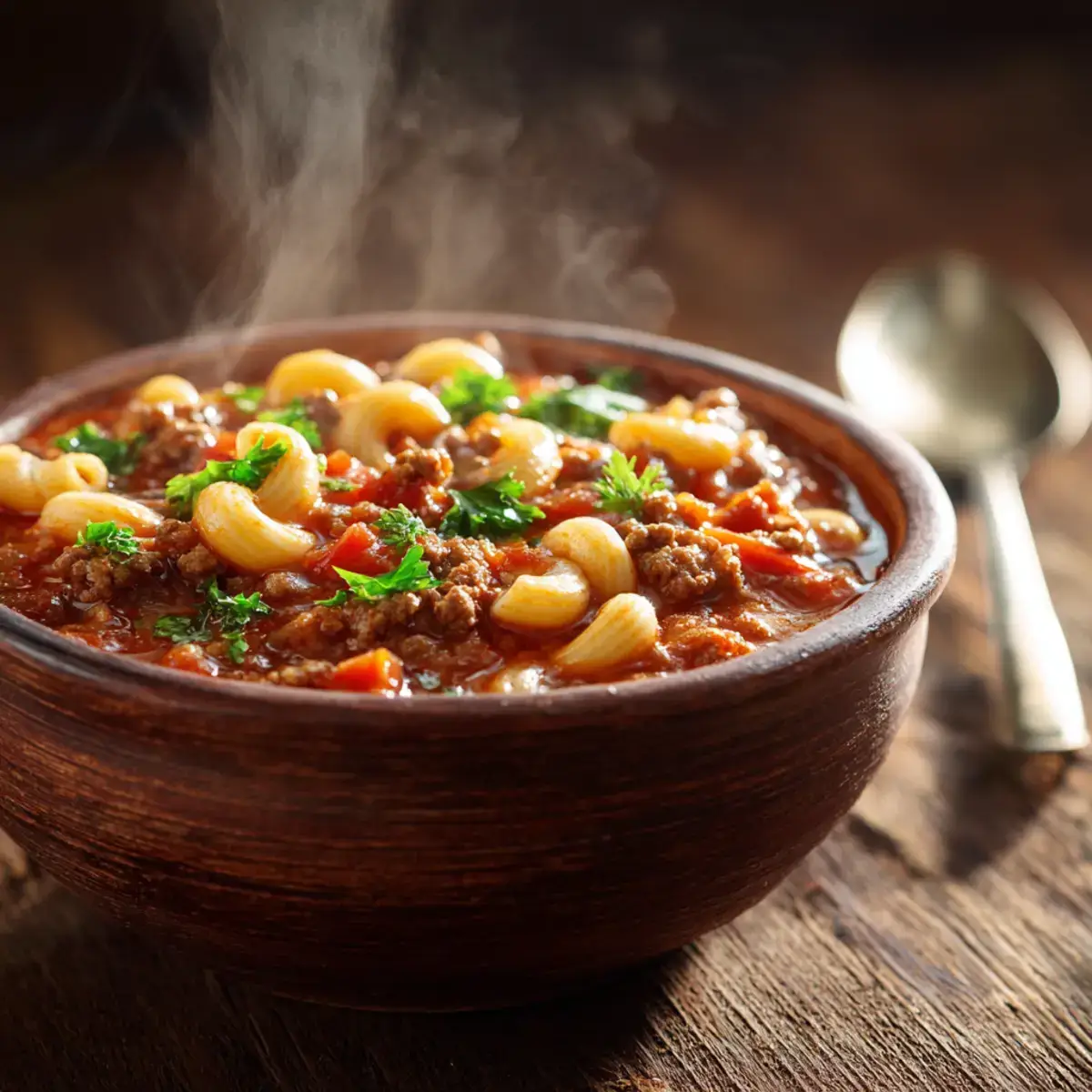 Old Fashioned Goulash in a rustic ceramic bowl with tomato sauce and pasta