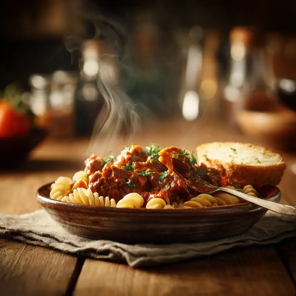 Served Old Fashioned Goulash with parsley and garlic toast