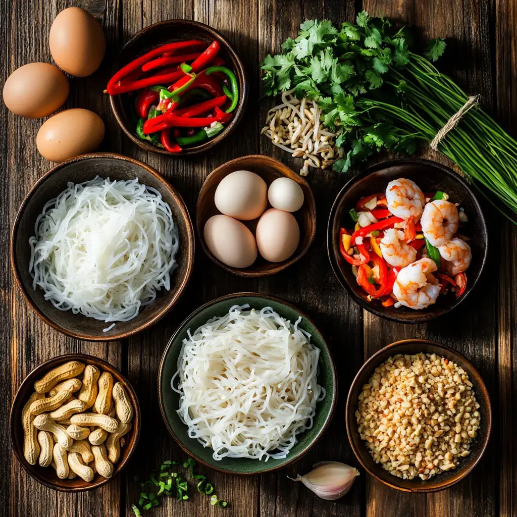 Ingredients for chicken and shrimp pad thai recipe