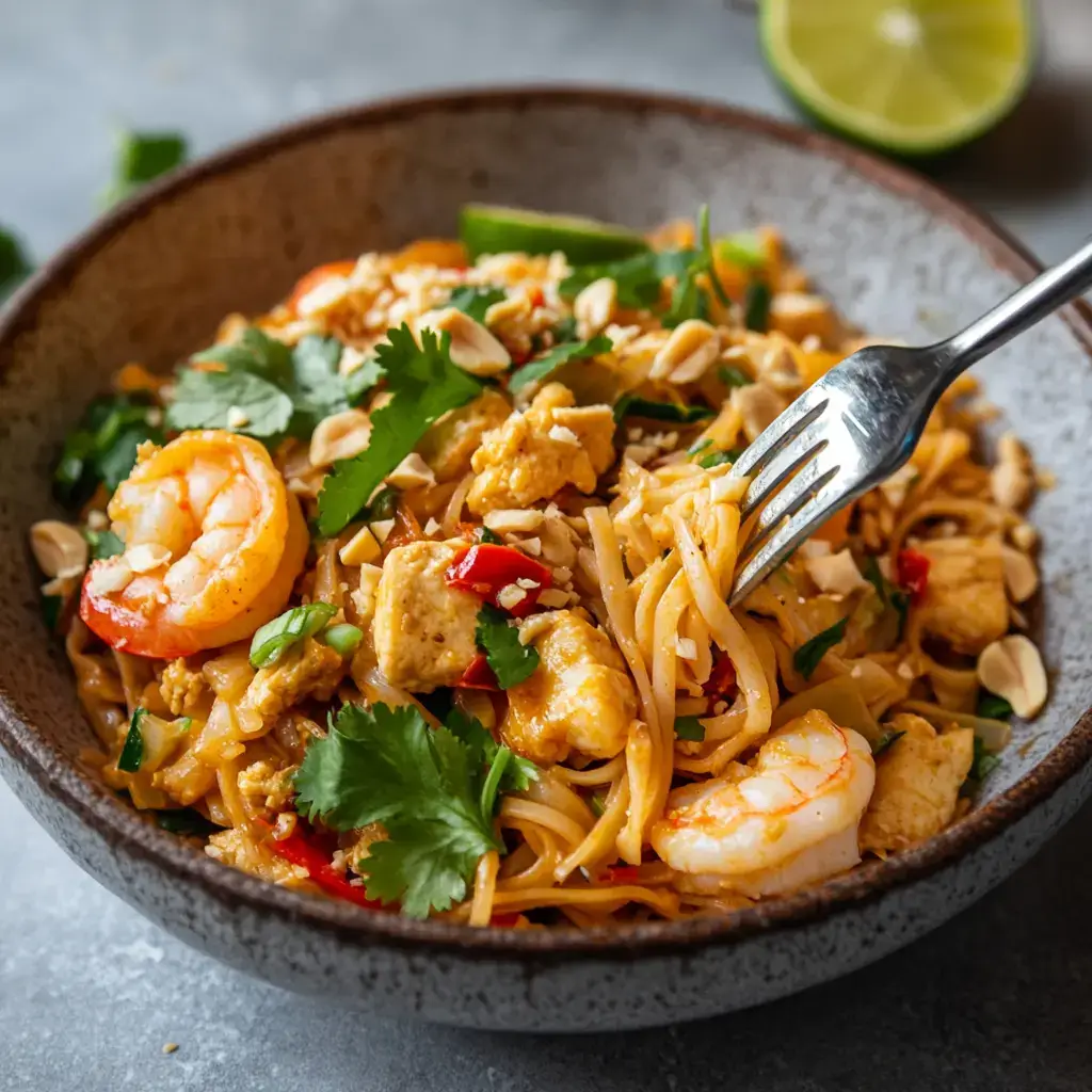 Chicken and shrimp pad thai plated with lime