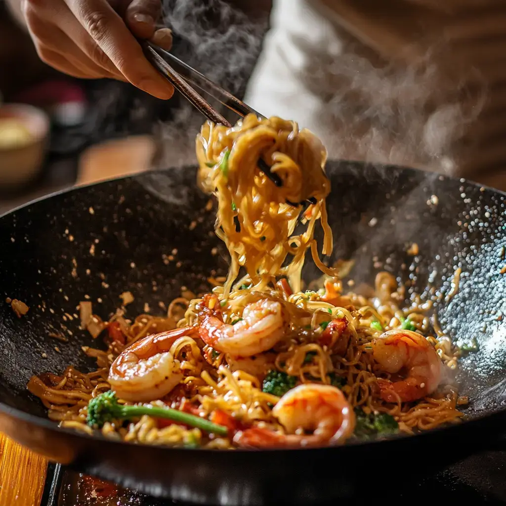Tossing chicken and shrimp pad thai in wok
