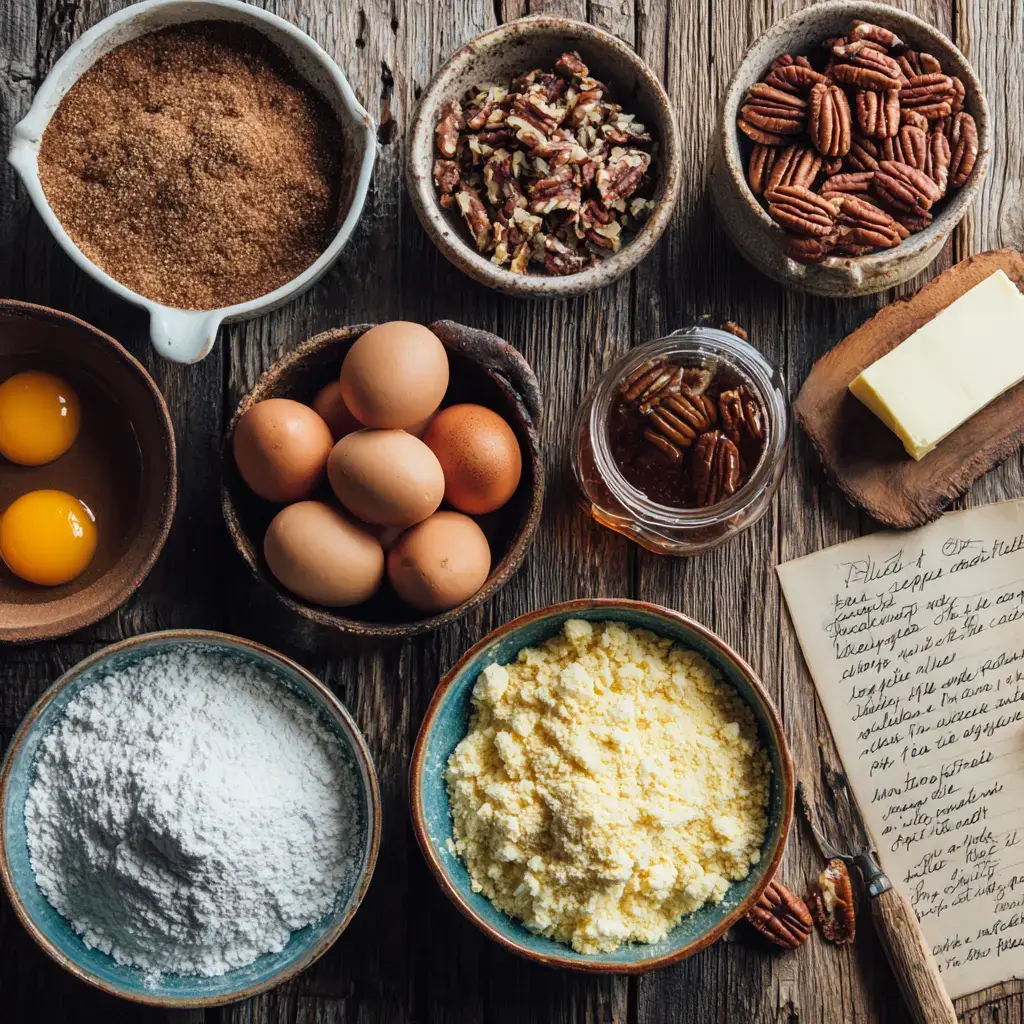 Ingredients for pecan pie dump cake laid out on rustic surface