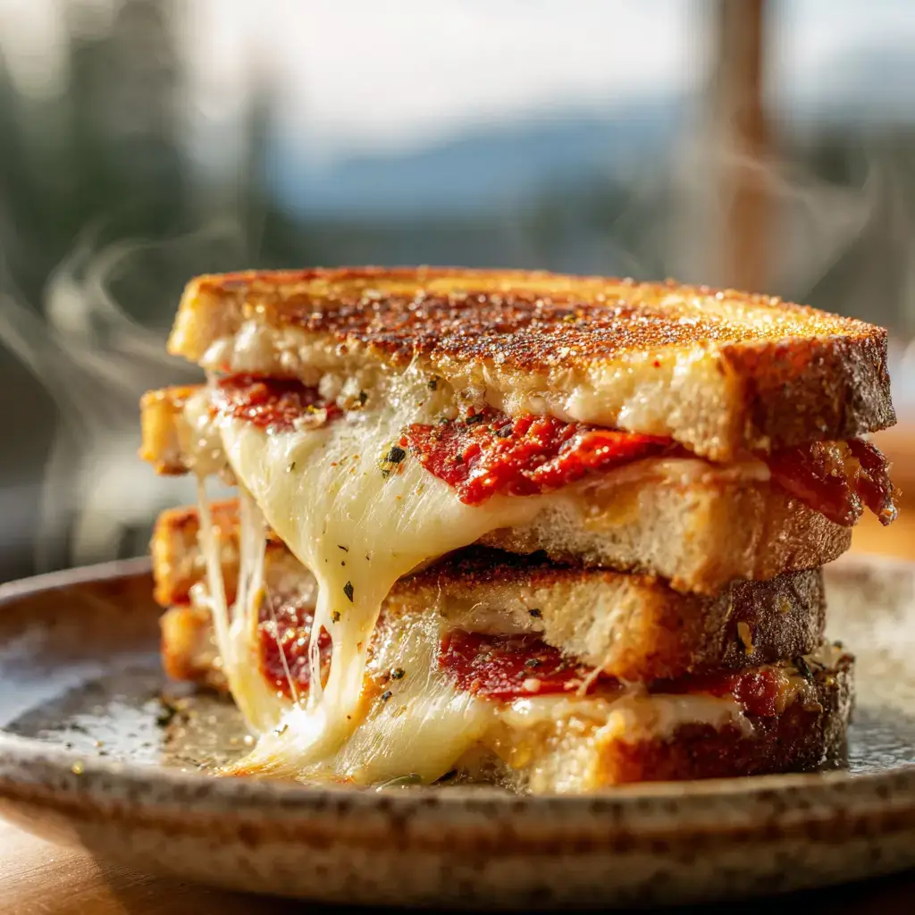 Pizza grilled cheese sandwich with melted cheese and pepperoni