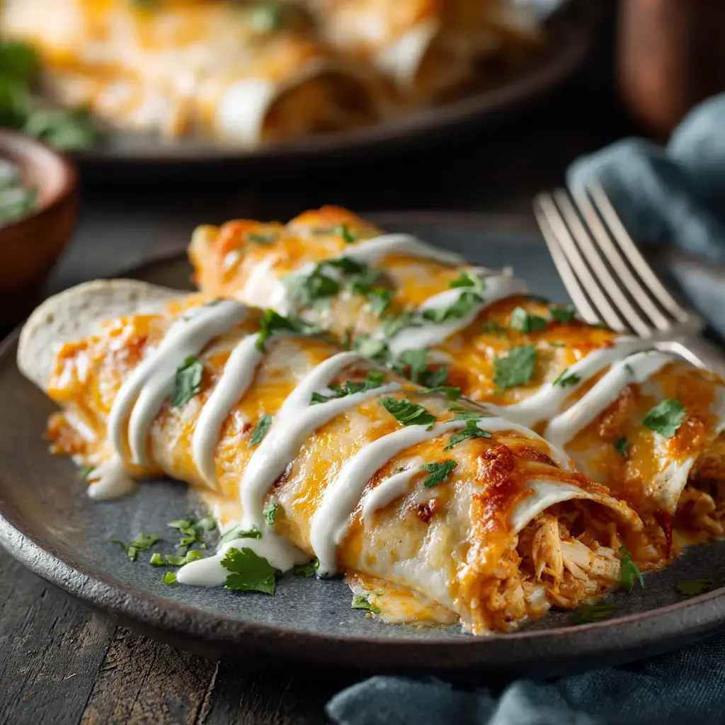 Served sour cream chicken enchilada on a plate with sauce and cilantro