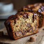 Reese’s peanut butter banana bread slice with melty candy center