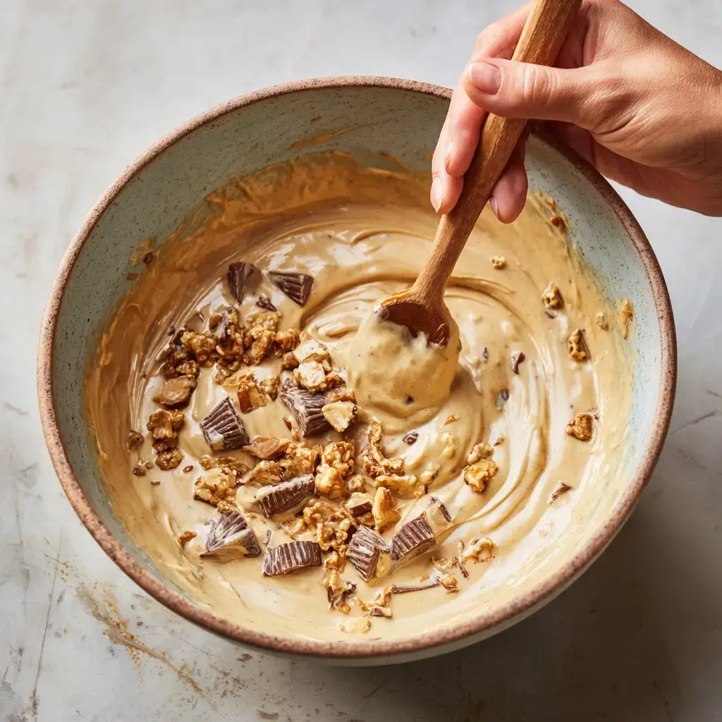 Folding chopped Reese’s into banana bread batter