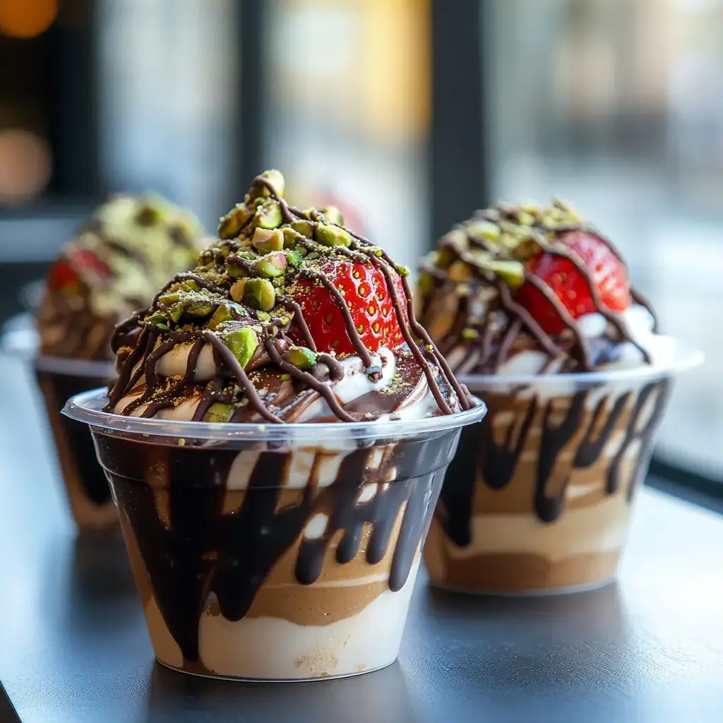 Dubai chocolate strawberries cups with chocolate drizzle and pistachios