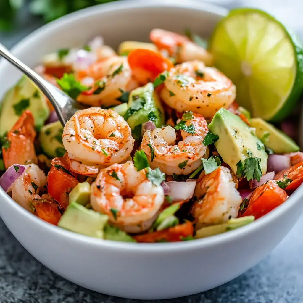 served shrimp avocado salad with lime