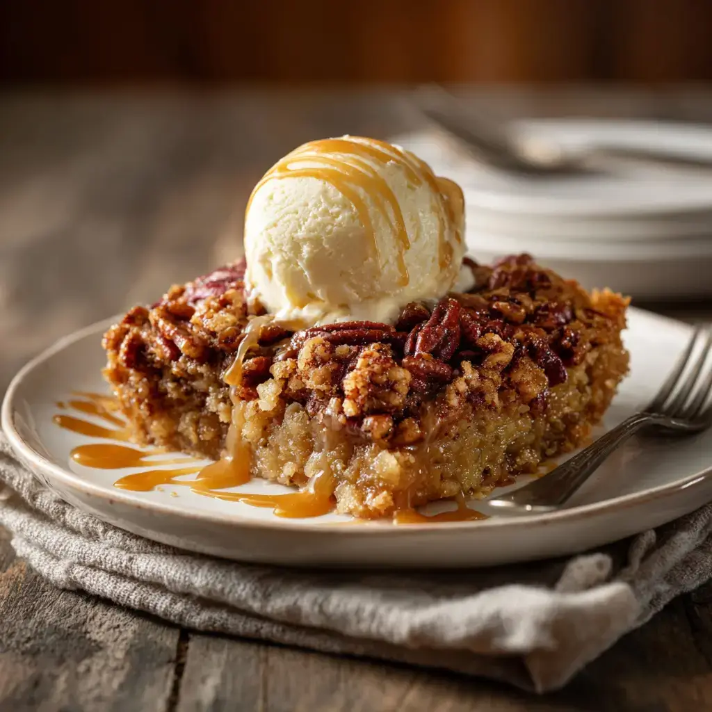 A slice of pecan pie dump cake with vanilla ice cream