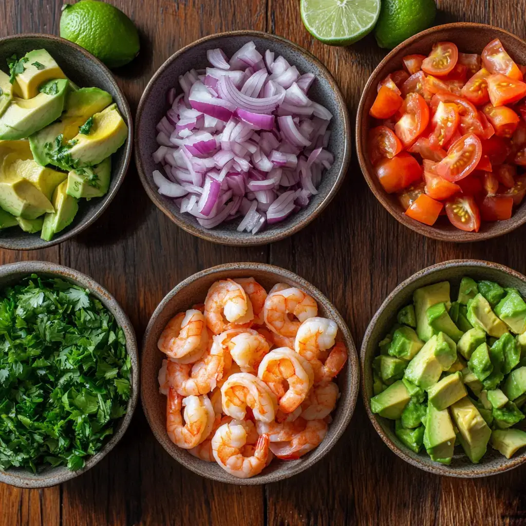 ingredients for zesty lime shrimp and avocado salad Filename: shrimp-avocado-salad-ingredients.jpg Caption: Fresh ingredients prepped for zesty shrimp salad Description: A rustic tabletop view of all ingredients needed to make a zesty lime shrimp and avocado salad