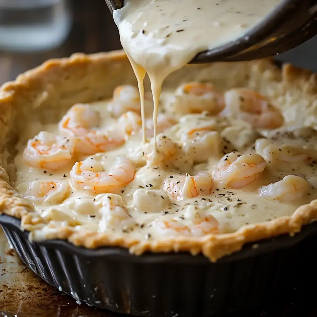 Pouring shrimp and cheese filling into baked pie crust
