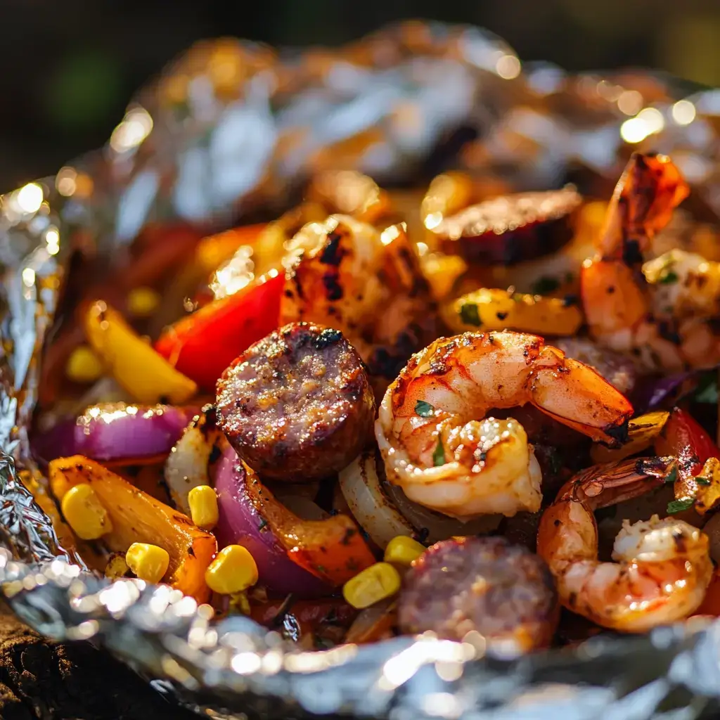 Juicy shrimp and sausage foil packet dinner opened to show ingredients and Cajun seasoning.