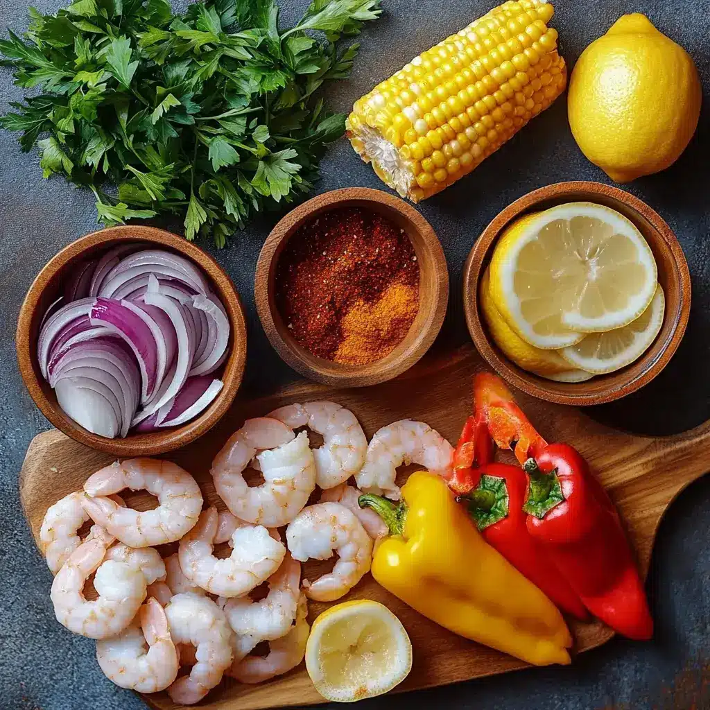 Raw ingredients for shrimp and sausage foil packet dinner arranged in bowls.