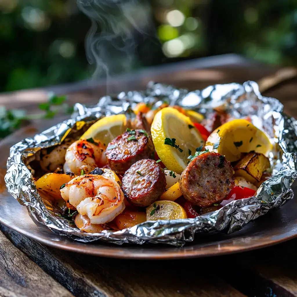 Served shrimp and sausage foil packet dinner with steam and Cajun juices.
