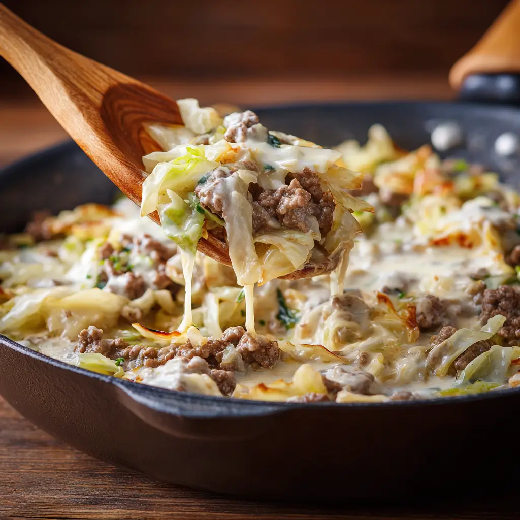 Stirring beef and cabbage in skillet for casserole